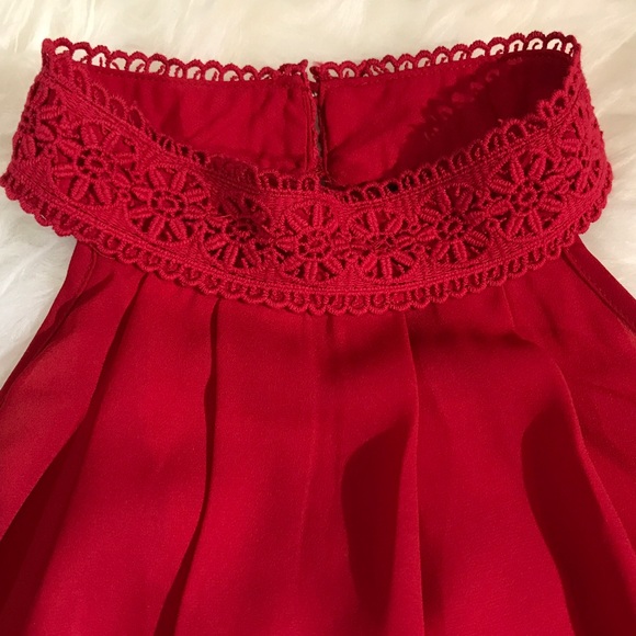 Red Flowy Top with Lace Neck Closure - Picture 6 of 8
